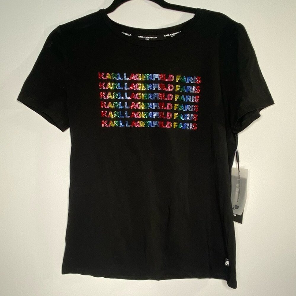 NWT Karl Lagerfeld Paris Black Rhinestone and Sequin tShirt: Size S